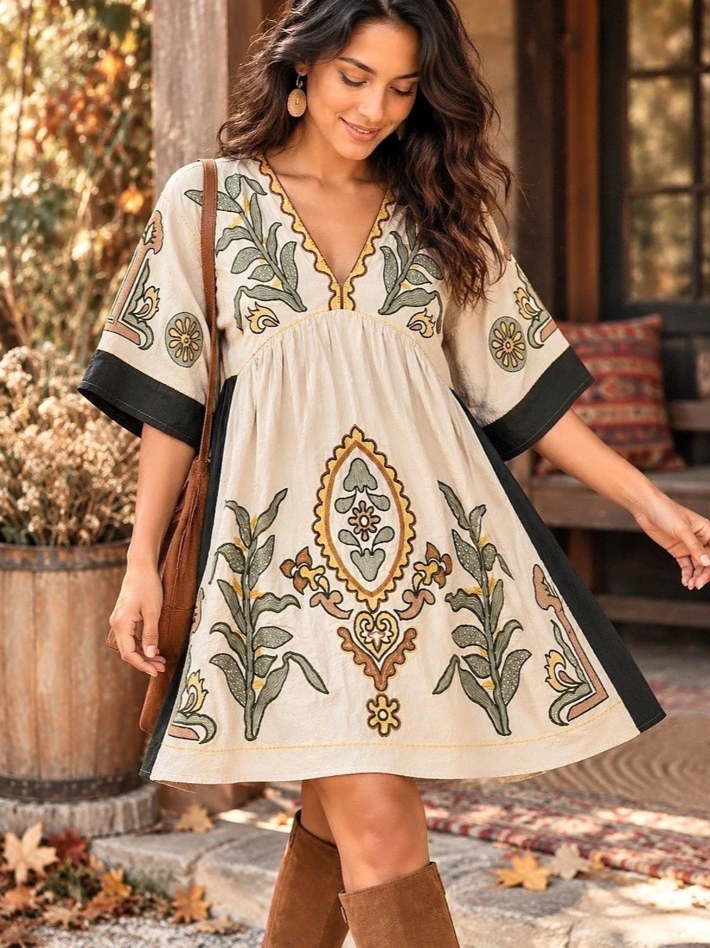 Women’s Embroidered Boho Tunic Dress Cream Black Folk Art Bell Sleeve